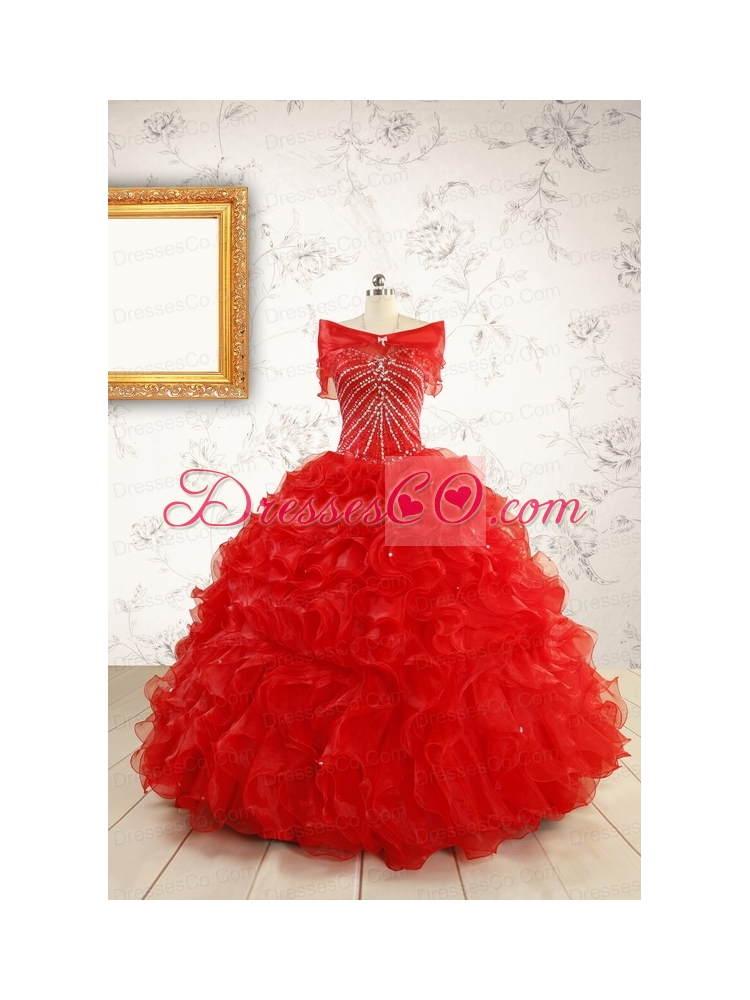 Exquisite Beading and Ruffles Red Quinceanera Gowns with Wrap for