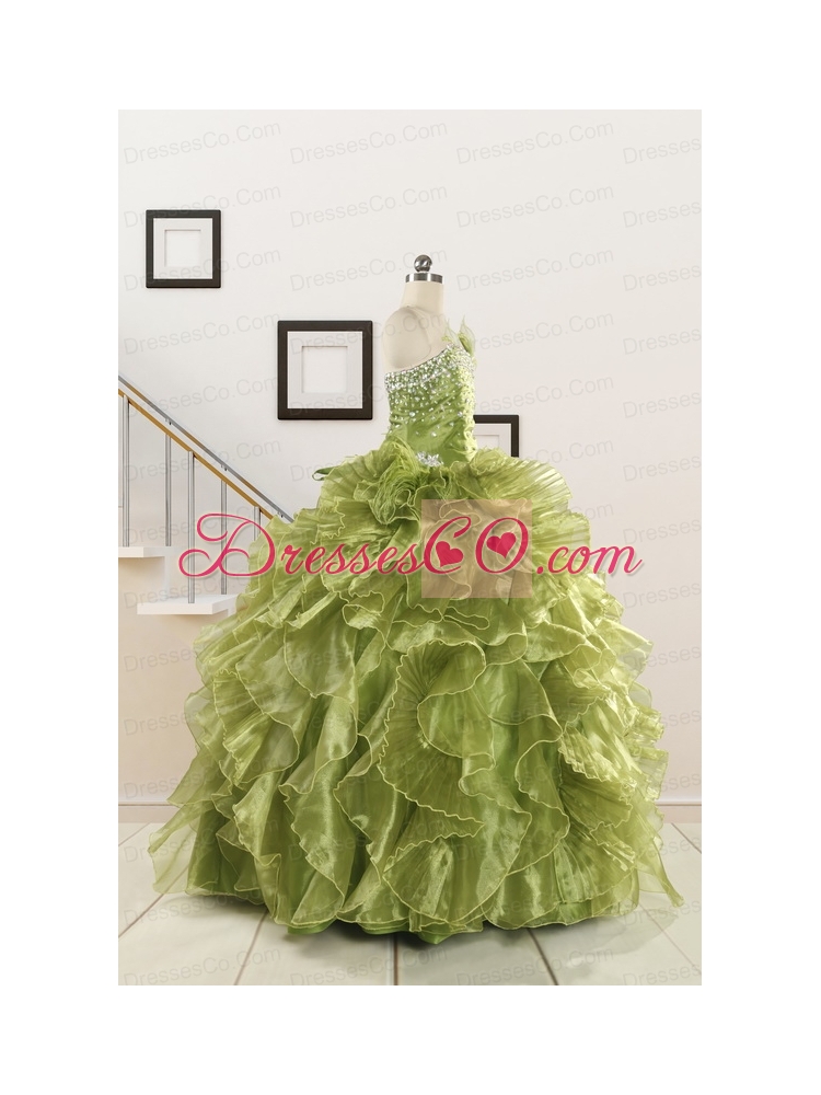Inexpensive Olive Green Dress Quince with Beading and Ruffles