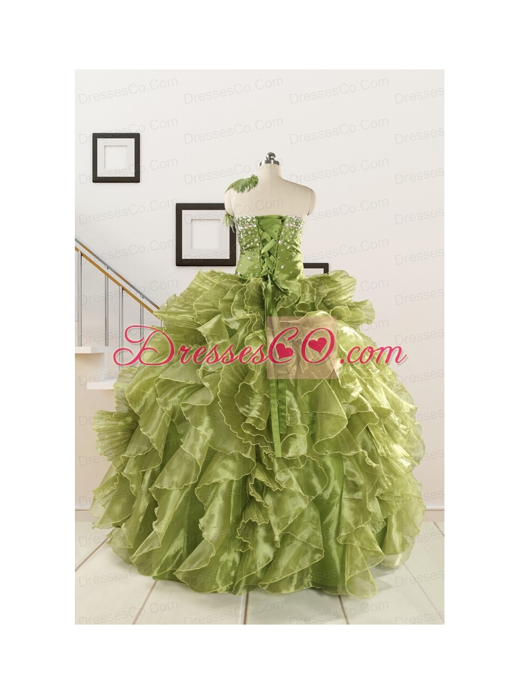 Inexpensive Olive Green Dress Quince with Beading and Ruffles