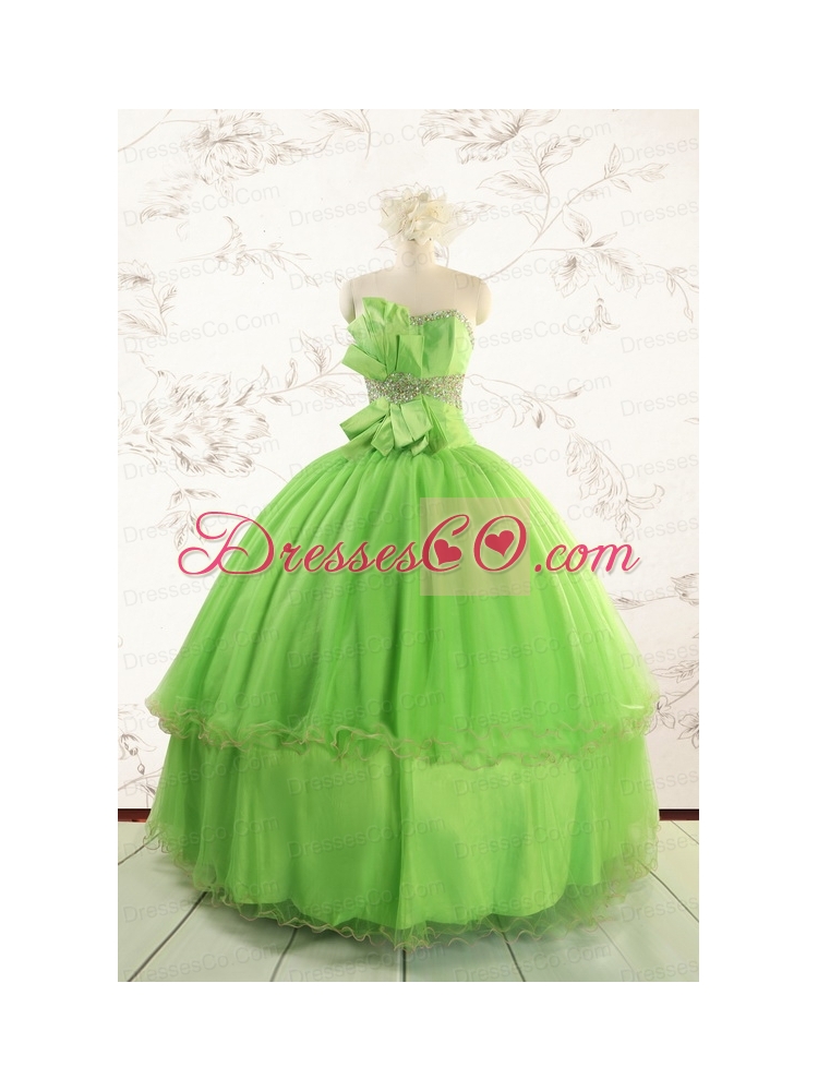 Spring Green Quinceanera Dress with Beading and Bowknot for  Spring