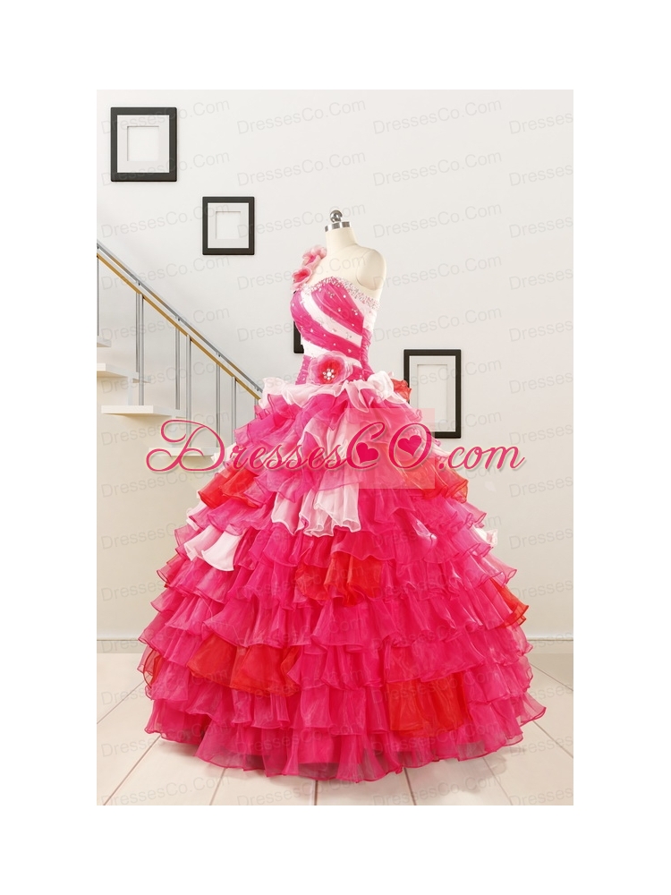 Multi Color Hand Made FlowerQuinceanera Dress with One Shoulder