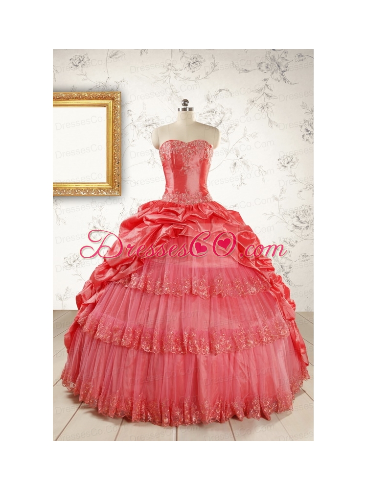 Puffy Appliques Watermelon Quinceanera Dress with Strapless