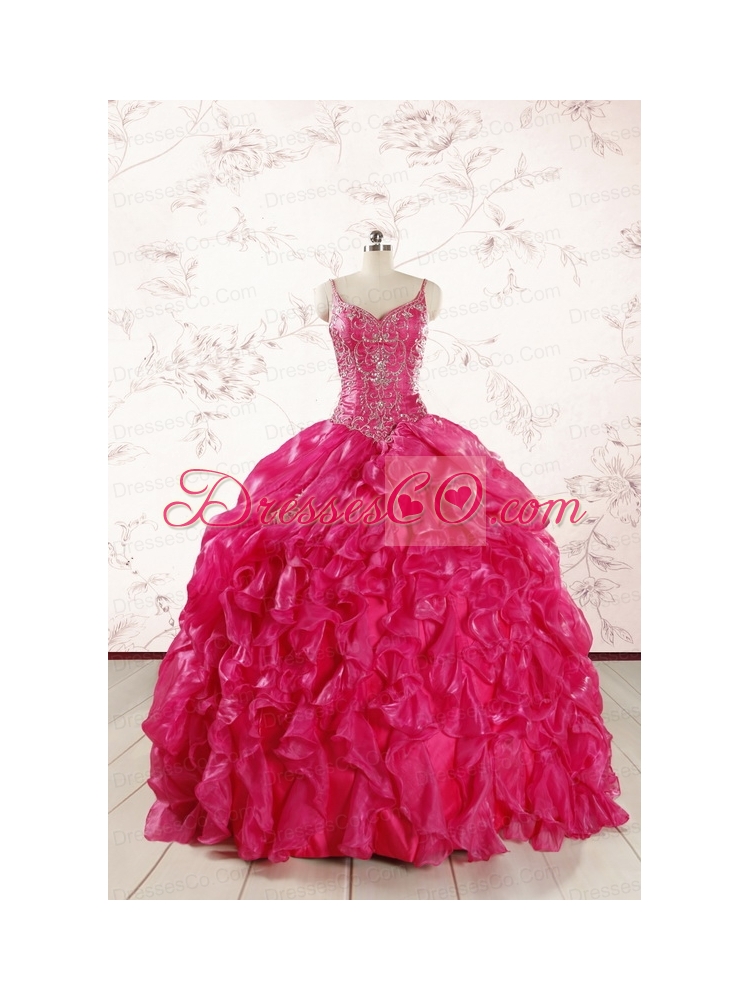 Unique Beading Hot Pink Quinceanera Dress with Spaghetti Straps
