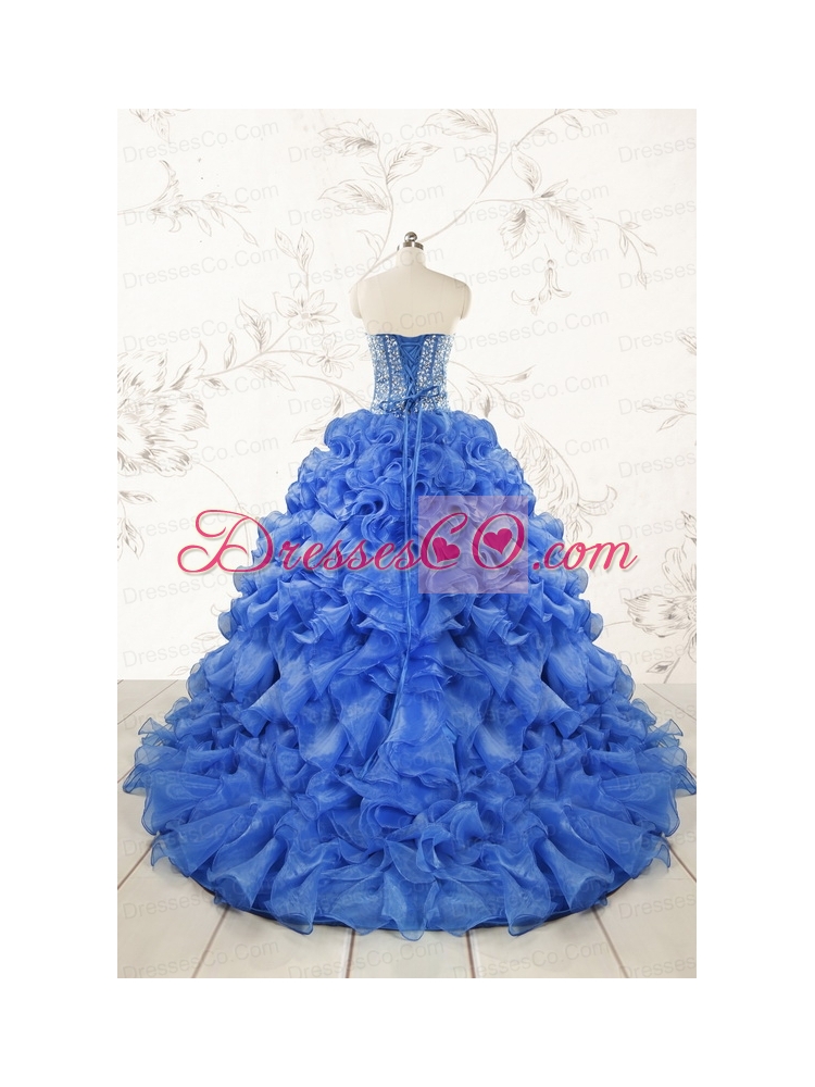 Hot Sale Beading Royal Blue Sweet 15 Dress with Sweep Train