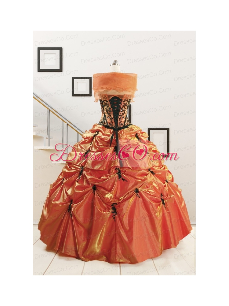 Orange Red and Black Appliques Quinceanera Dress with Wraps