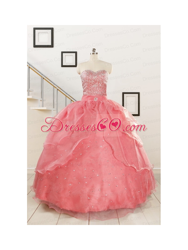 Watermelon Beading Appliques Ball Gown Sweet Sixteen Dresses