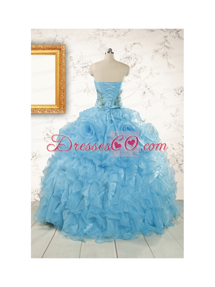 New Style Ruffles Embroidery Strapless Quinceanera Dress in Baby Blue
