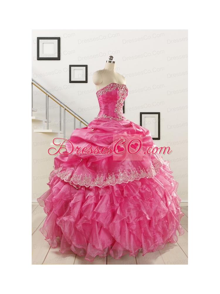 Pretty Appliques and Ruffles Quinceanera Gowns in Hot Pink