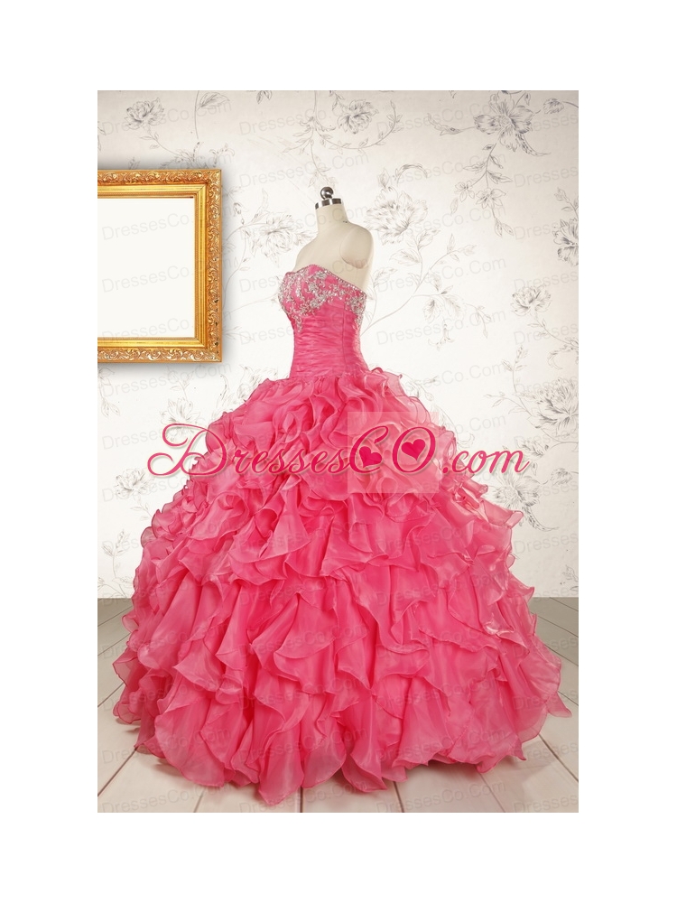 Pretty Beading and Ruffles Hot Pink Quinceanera Dress with Strapless
