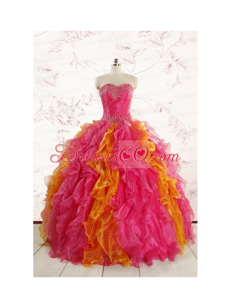 Luxurious Puffy Multi Color Quinceanera Dress with Beading and Ruffles