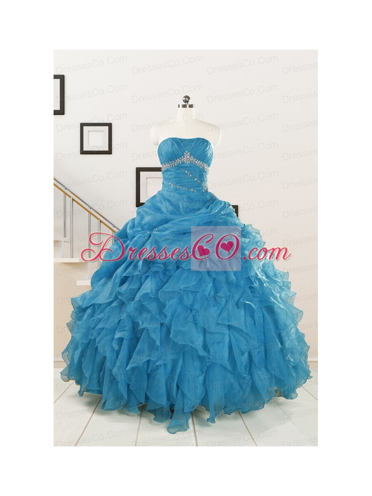 Elegant Strapless Blue Quinceanera Dress with Beading and Ruffles