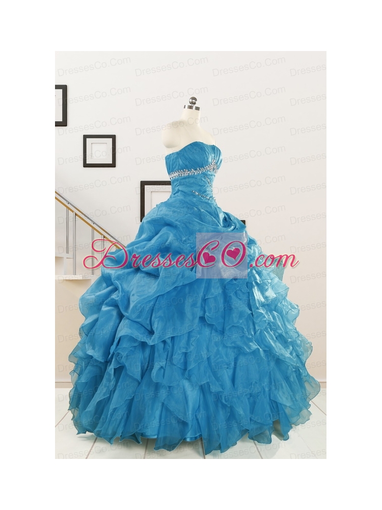 Elegant Strapless Blue Quinceanera Dress with Beading and Ruffles