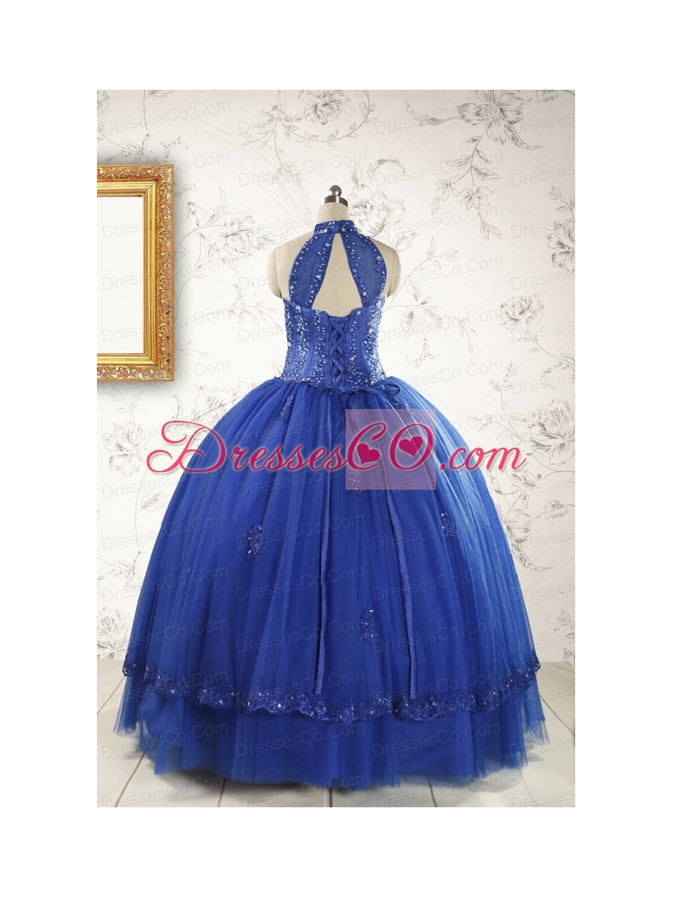 HalterTop Appliques and Beading DressFor 15 in Royal Blue