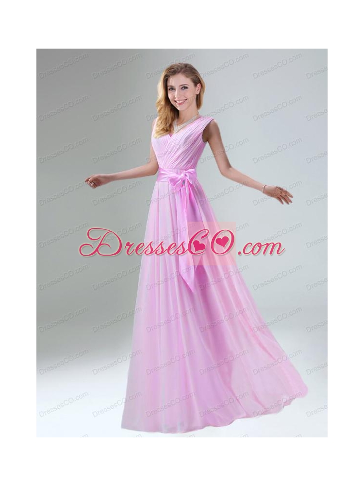 Fashionable Belt Ruching Chiffon Bridesmaid Dress with Bowknot