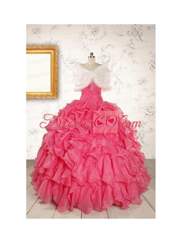 Hot Pink Strapless Beading and Ruffles Ball Gown  Quinceanera Dresses