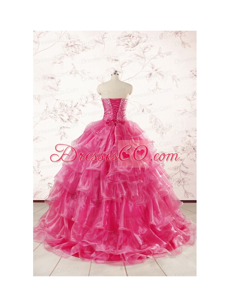 Hot Pink Beading Quinceanera Dress with Brush Train