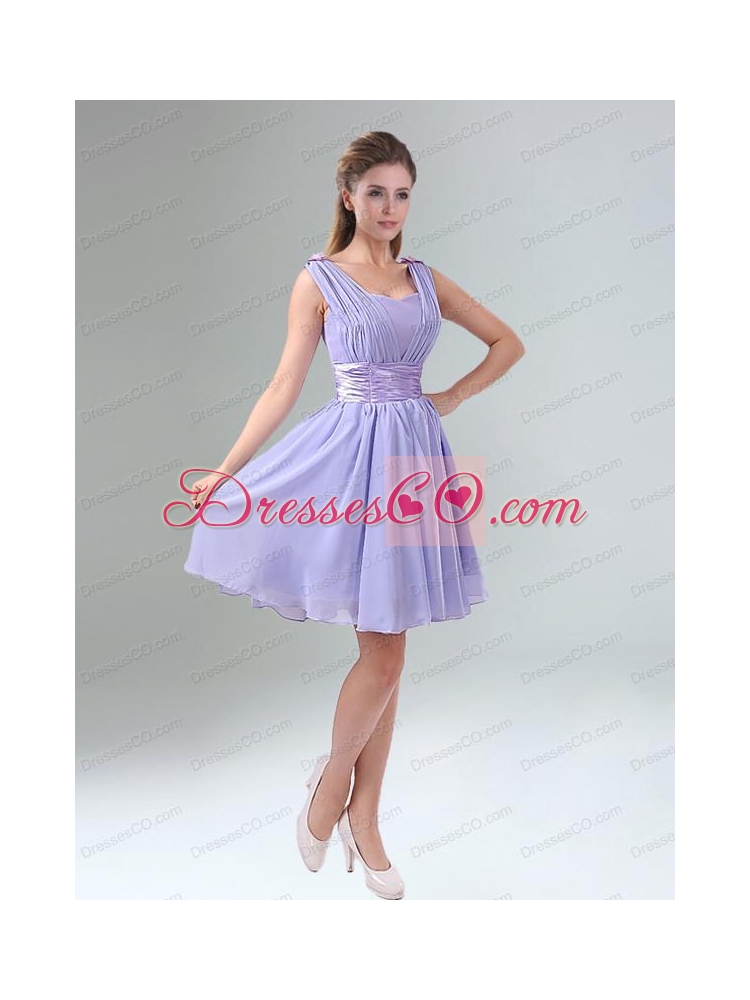 Perfect Straps Lavender Ruched Mini Length Bridesmaid Dress with Waistband