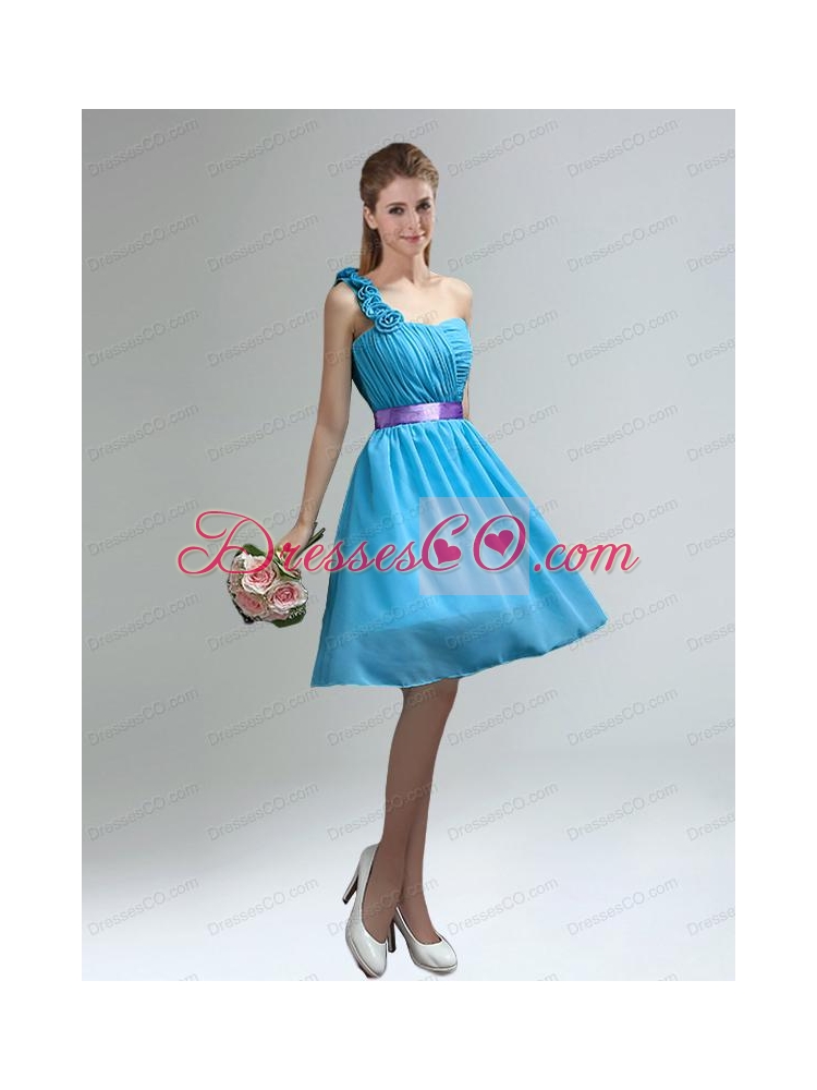 Unique One Shoulder Ruches Teal Bridesmaid Dress with Belt