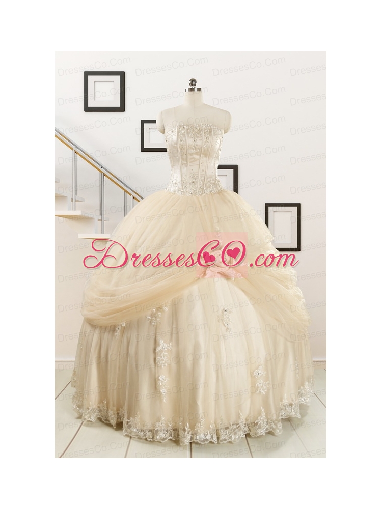 Classical Appliques and Hand Made Flower Quinceanera Dress in Champagne