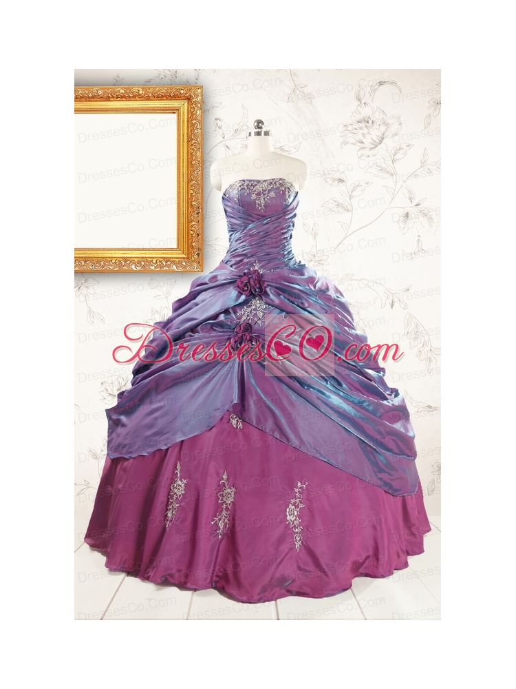 Purple Strapless Quinceanera Dress with Appliques and Hand Made Flowers