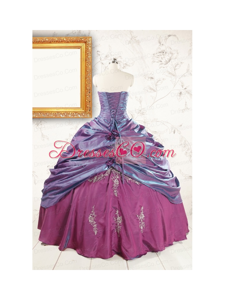 Purple Strapless Quinceanera Dress with Appliques and Hand Made Flowers