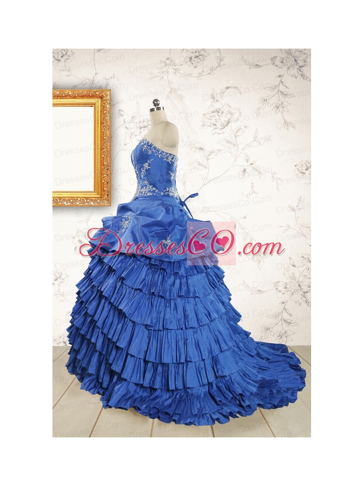 Modern Brush Train Appliques Sweet 15 Dress in Royal Blue