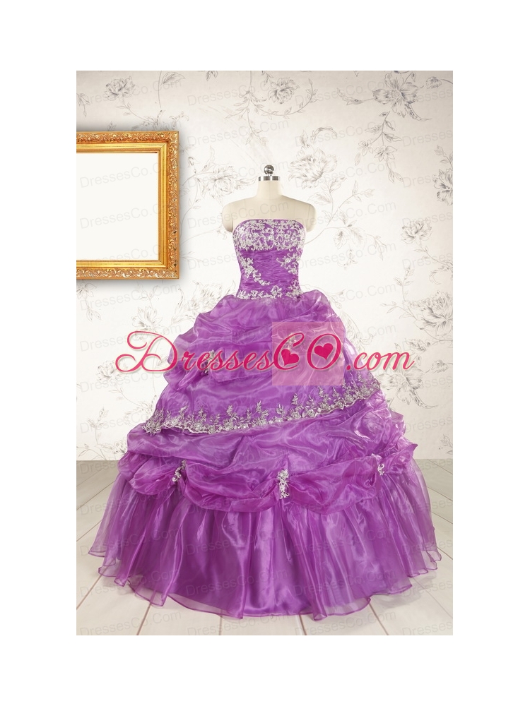 Pretty Strapless Lilac Quinceanera Dress with Appliques for