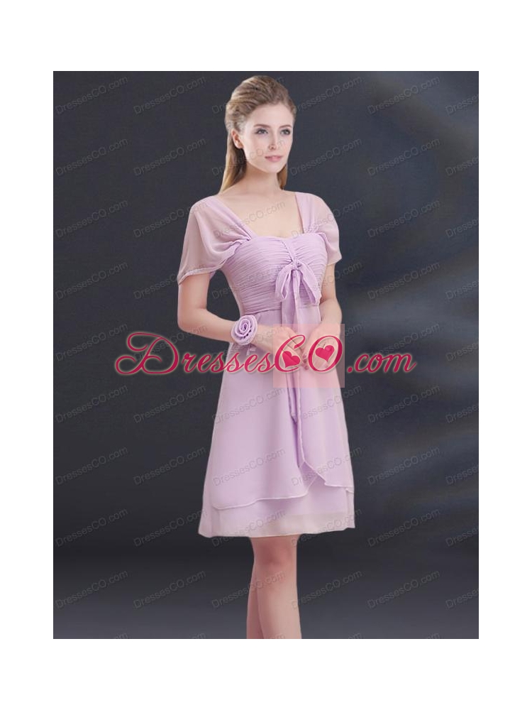 A  Line Square Ruhing Bridesmaid Dress with Cap Sleeves
