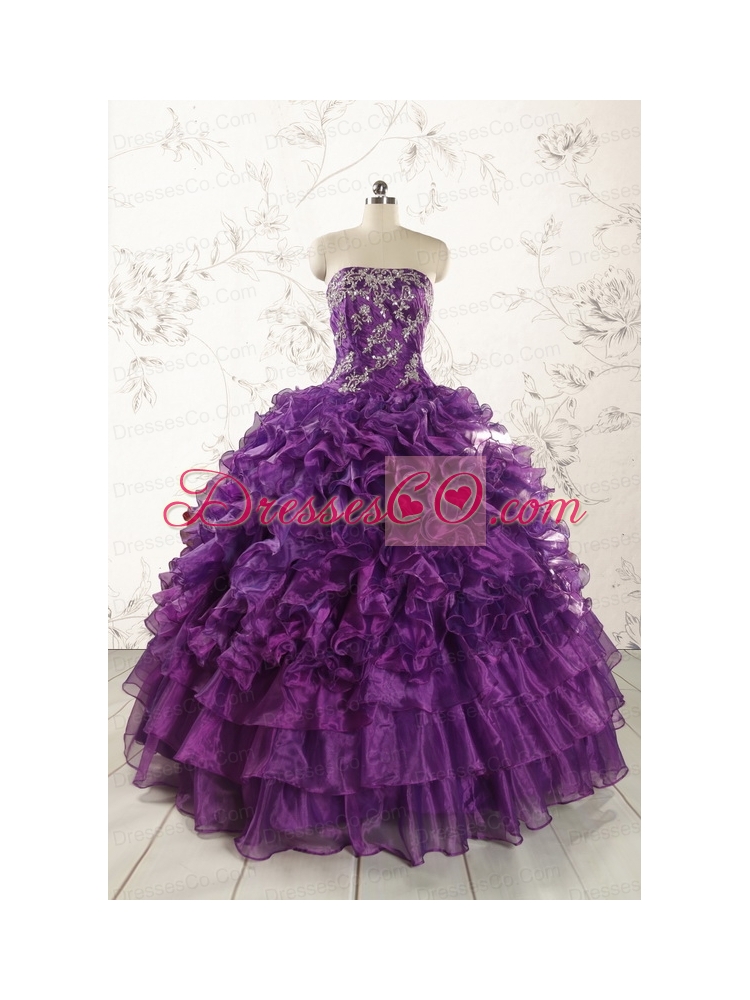 Beautiful Appliques Purple Strapless  Quinceanera Dresses