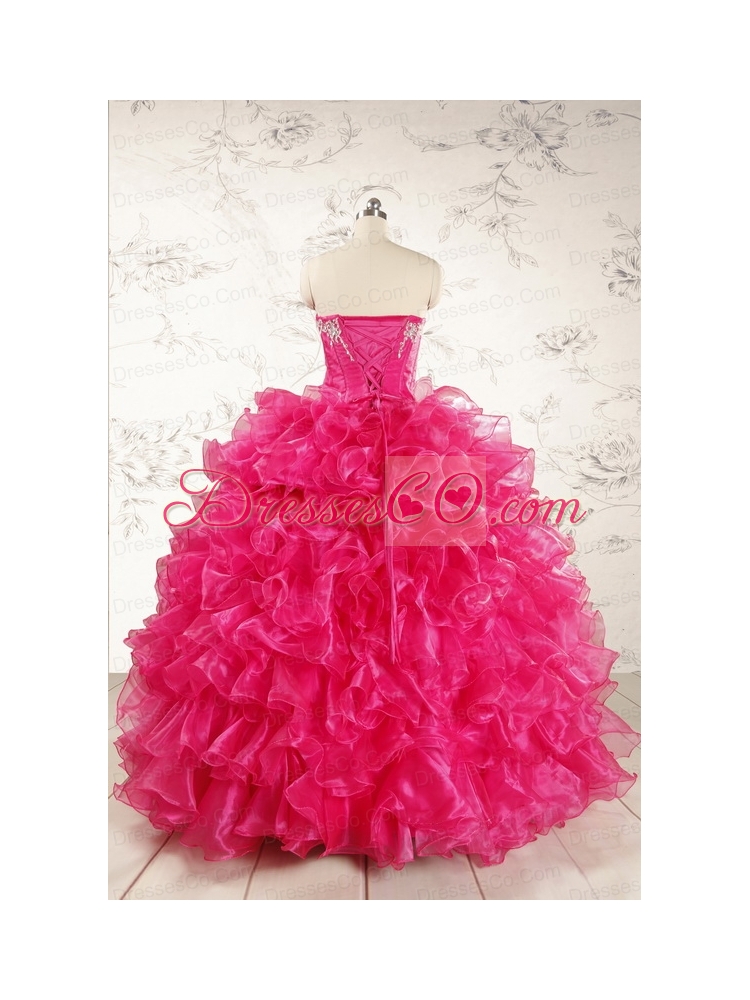 Beautiful Hot Pink Sweet 15 Dress with Appliques and Ruffles