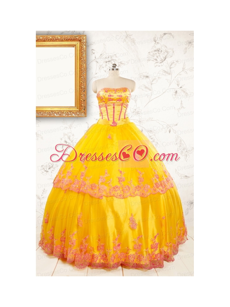 Gold Strapless Beautiful Quinceanera Dress with Appliques