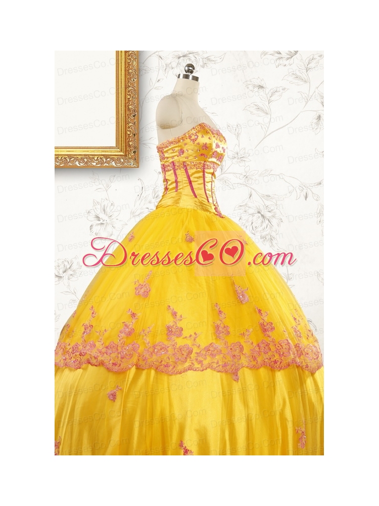 Gold Strapless Beautiful Quinceanera Dress with Appliques
