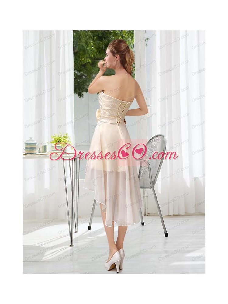 Luxurious Strapless A Line Bridesmaid Dress with Belt and Lace