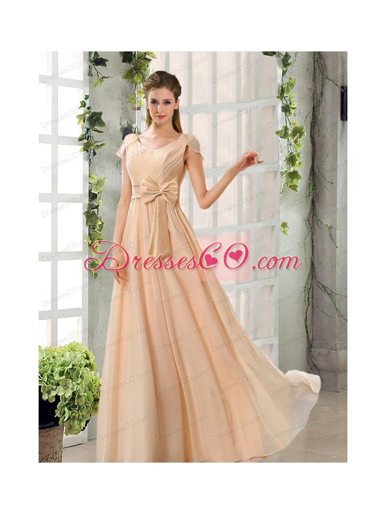 Scoop Ruching Cap Sleeves Chiffon Bridesmaid Dress in Champagne