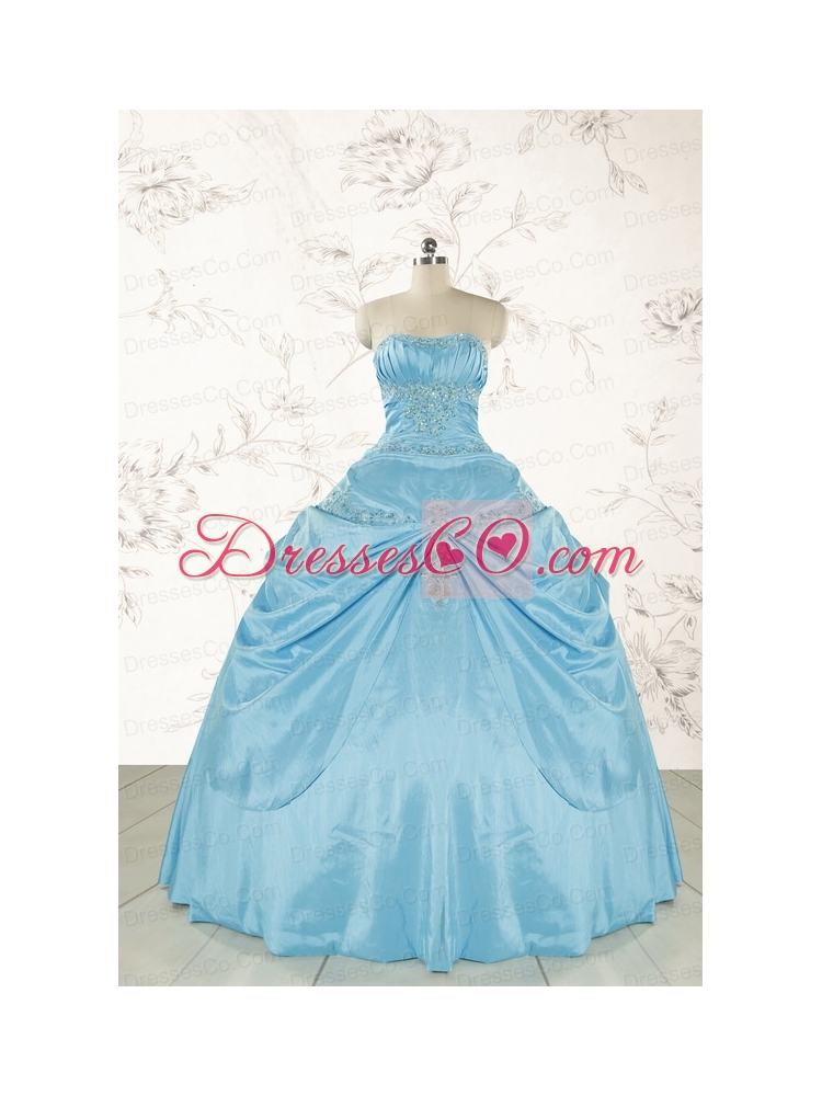 Discount Strapless Appliques Sweet 15 Dress in Aqua Blue Color