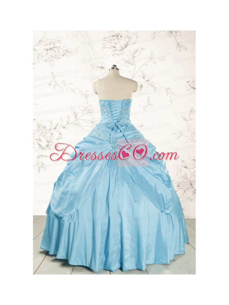 Discount Strapless Appliques Sweet 15 Dress in Aqua Blue Color