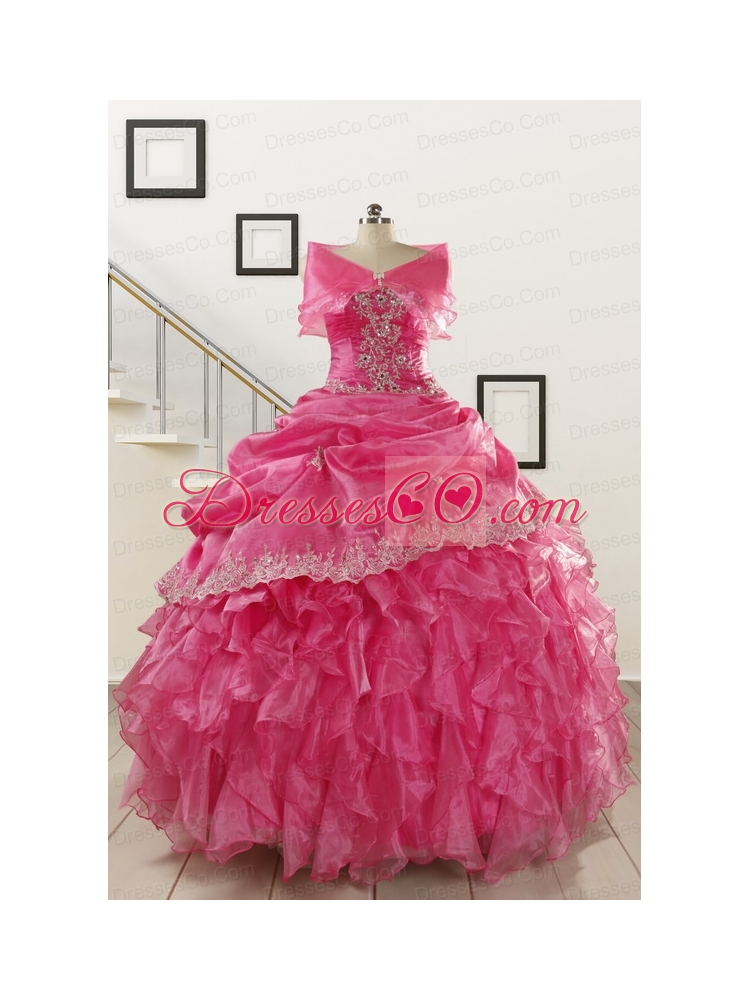 Elegant Appliques and Ruffles Quinceanera Gowns in Hot Pink