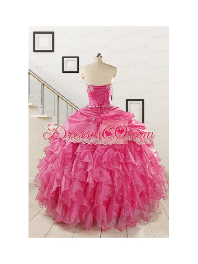 Elegant Appliques and Ruffles Quinceanera Gowns in Hot Pink