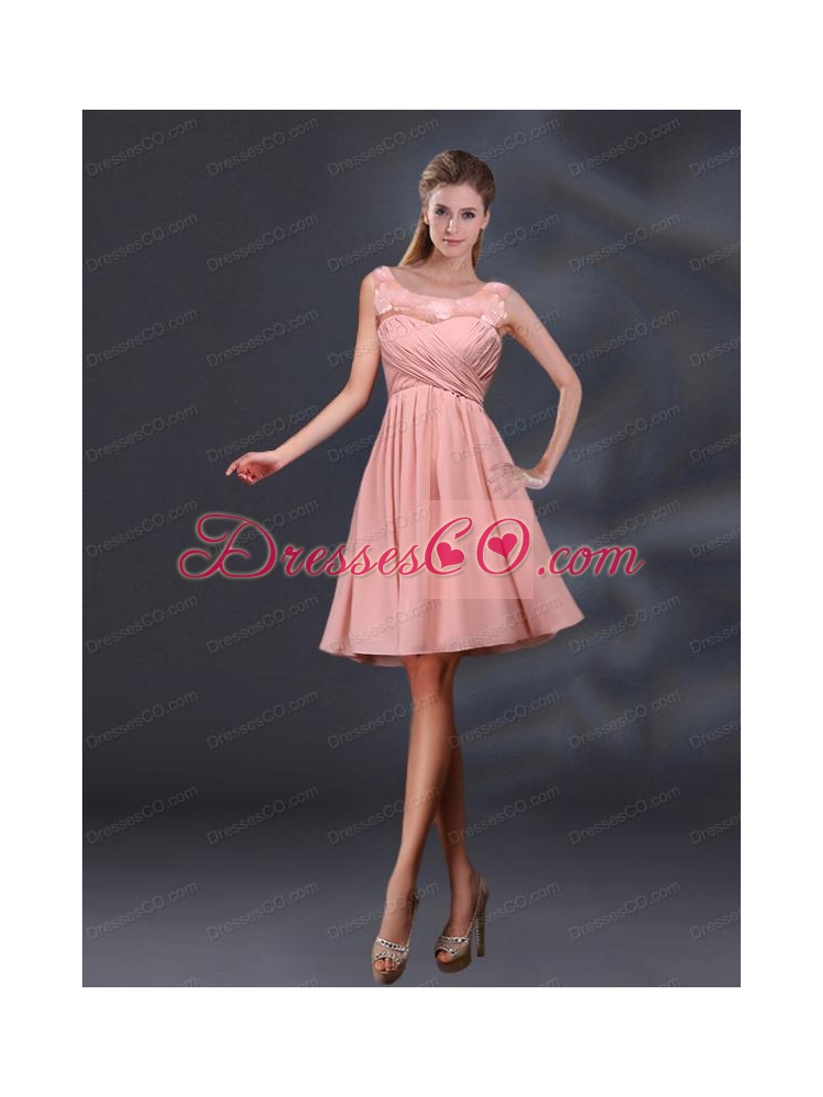 Bateau A Line Bridesmaid Dress with Appliques and Ruching