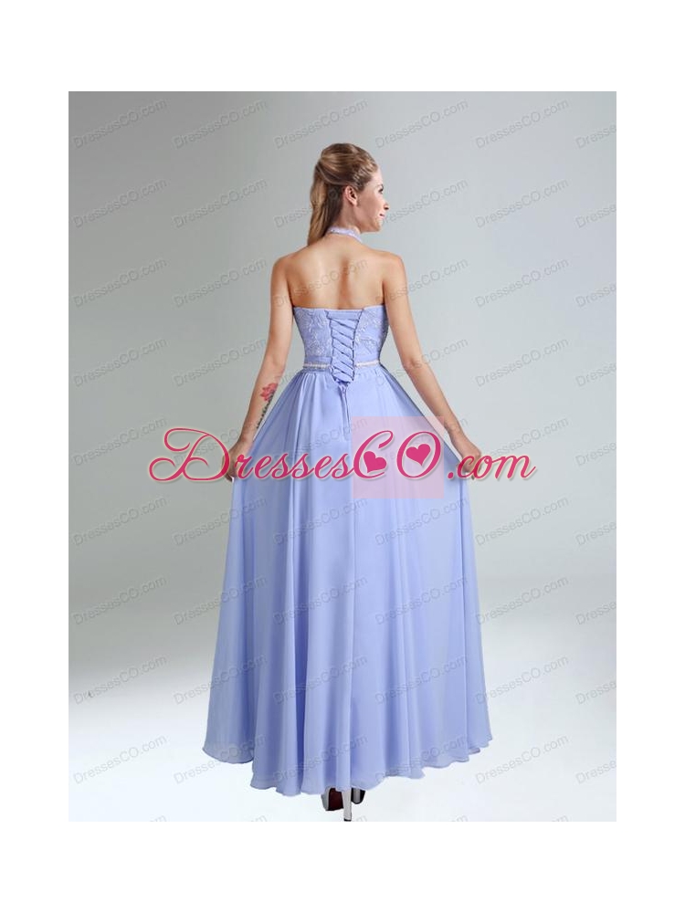 Belt and Lace Halter Empire Lace Up Bridesmaid Dress for