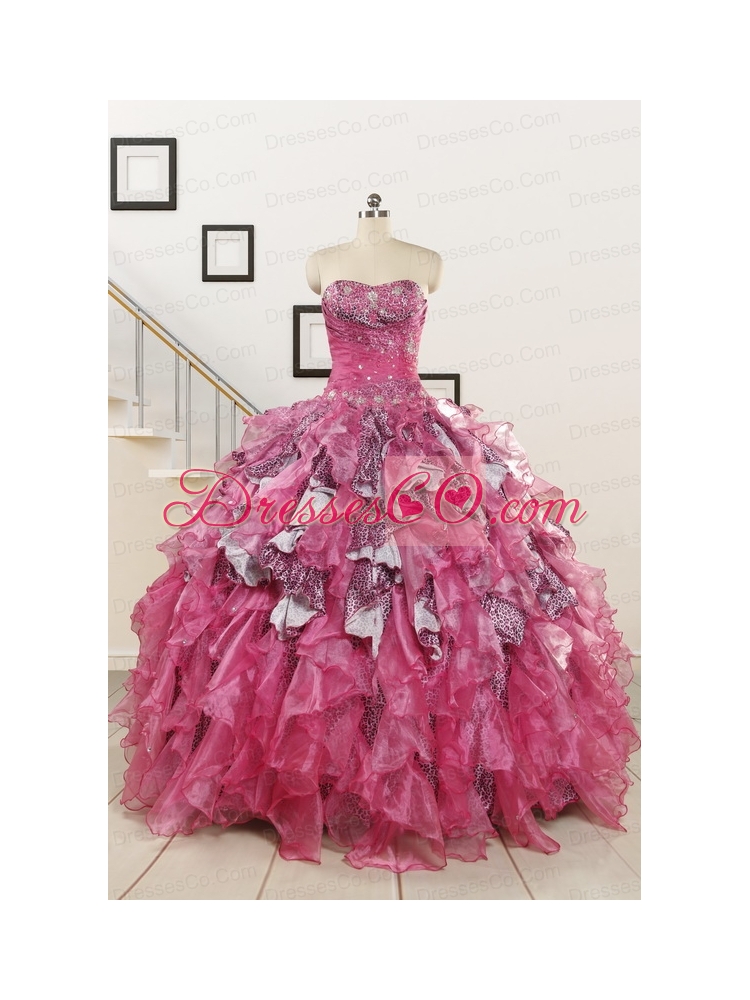 Exclusive Beading Hot Pink Sweet 15 Dress with Leopard