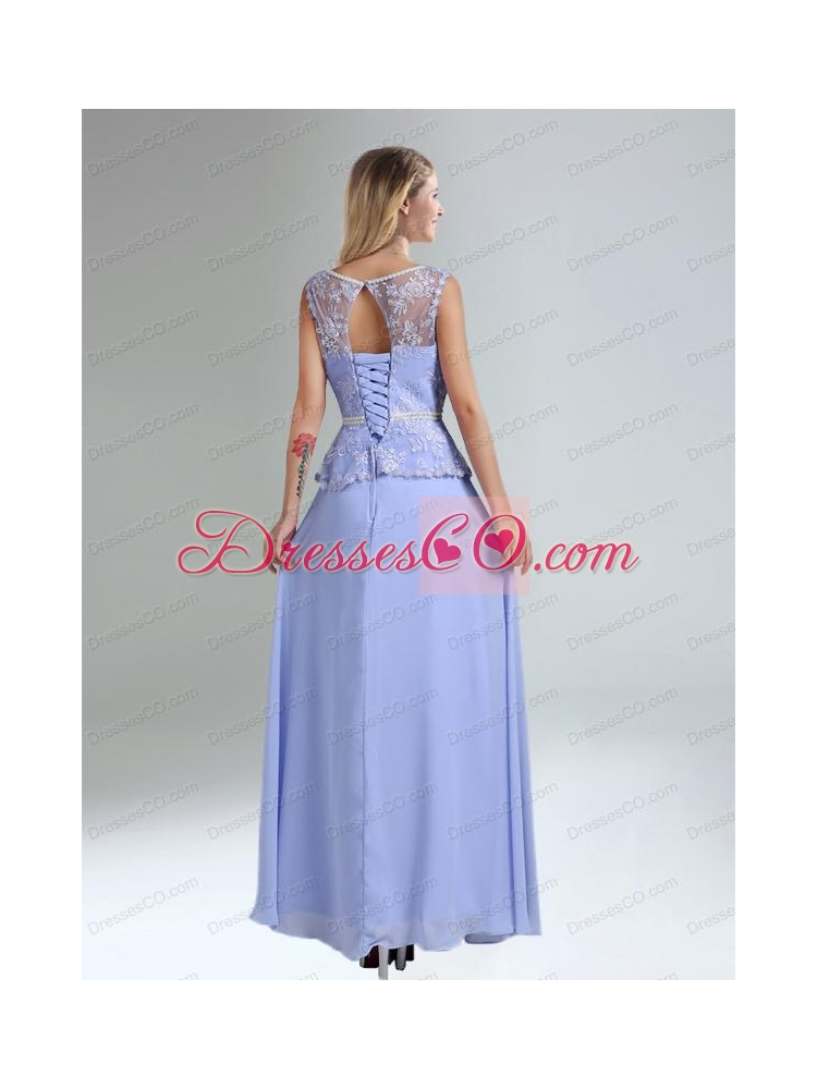 Lavender Belt and Lace Empire  Bridesmaid Dress with Bateau