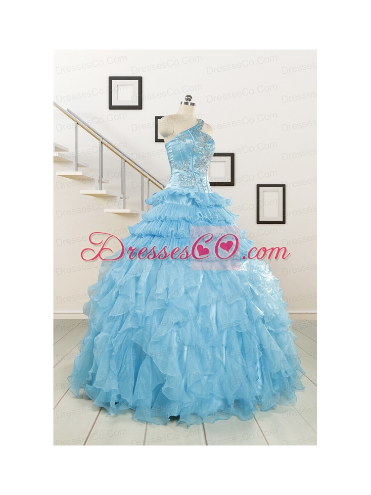 Baby Blue One Shoulder Sweet 15 Dress with Beading