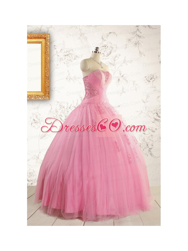 Pretty Pink Quinceaneras Dress with Appliques and Beading