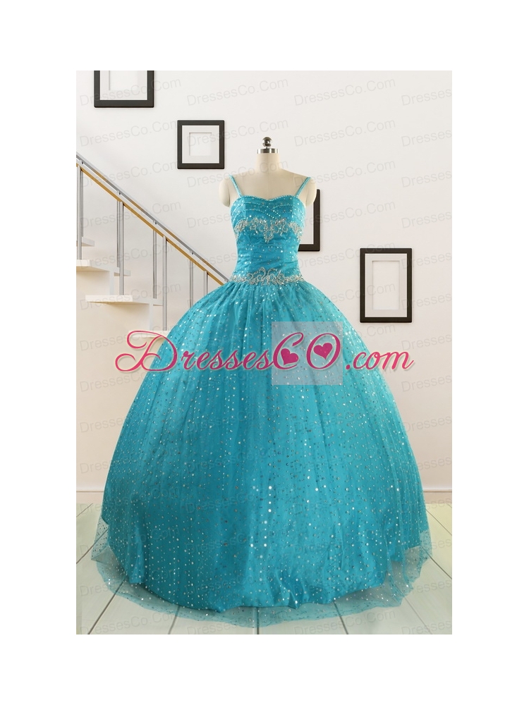 Perfect Spaghetti Straps Appliques Sequins Turquoise Quinceanera Dress
