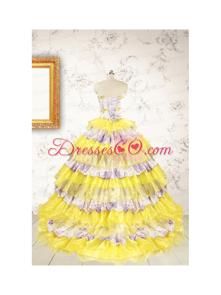 Popular Beading Yellow Sweet 15 Dress with Sweep Train