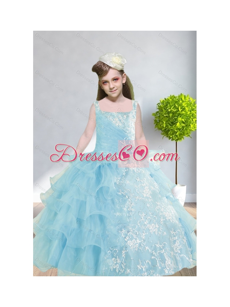 Ball Gown Appliques and Ruffles Baby Bule Little Girl Pageant Dress with Straps