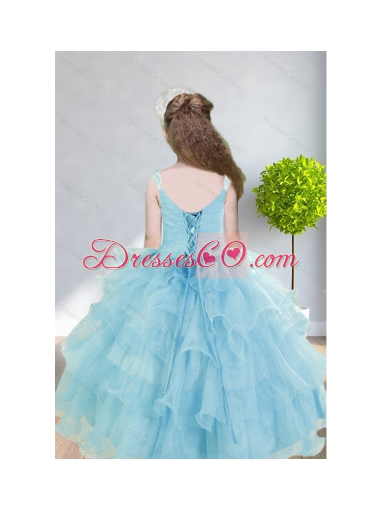 Ball Gown Appliques and Ruffles Baby Bule Little Girl Pageant Dress with Straps