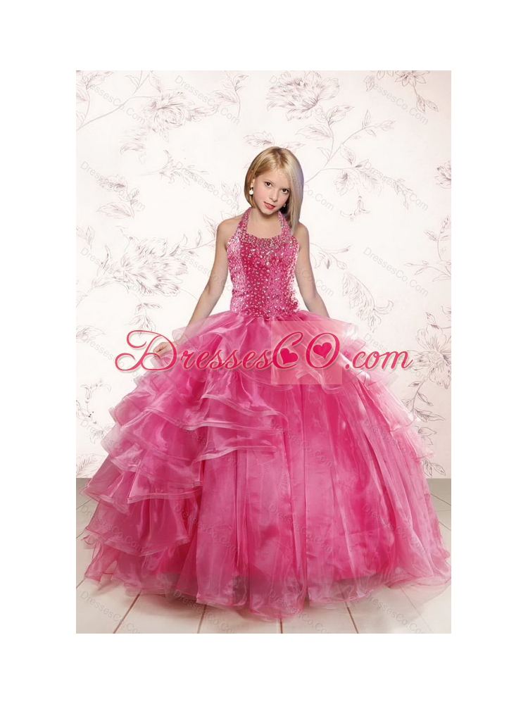 Beautiful Pink Little Girl Pageant Dress with Beading and Ruffled Layers