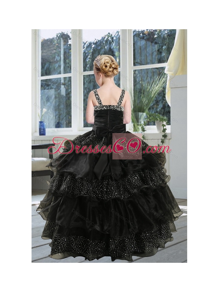 Fashionable Black Straps Sequins Ruffles Organza Little Girl Pageant Dress